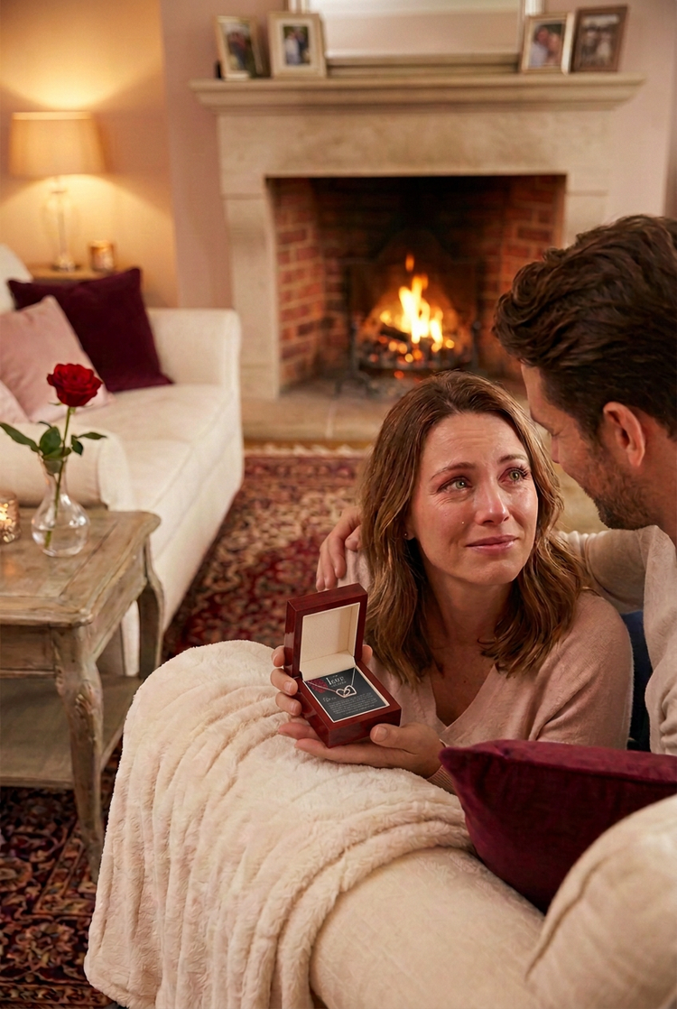 A woman opening an interlocking hearts necklace from her partner by the fire