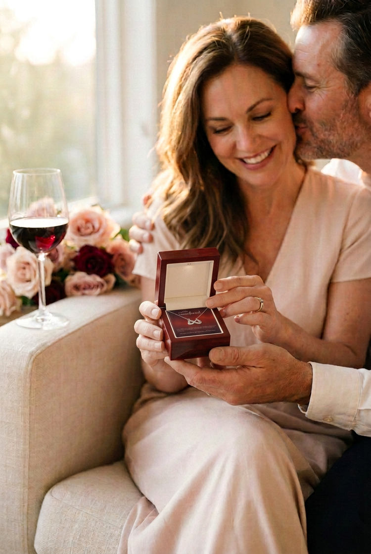 A couple celebrating their anniversary as she opens an infinity heart necklace