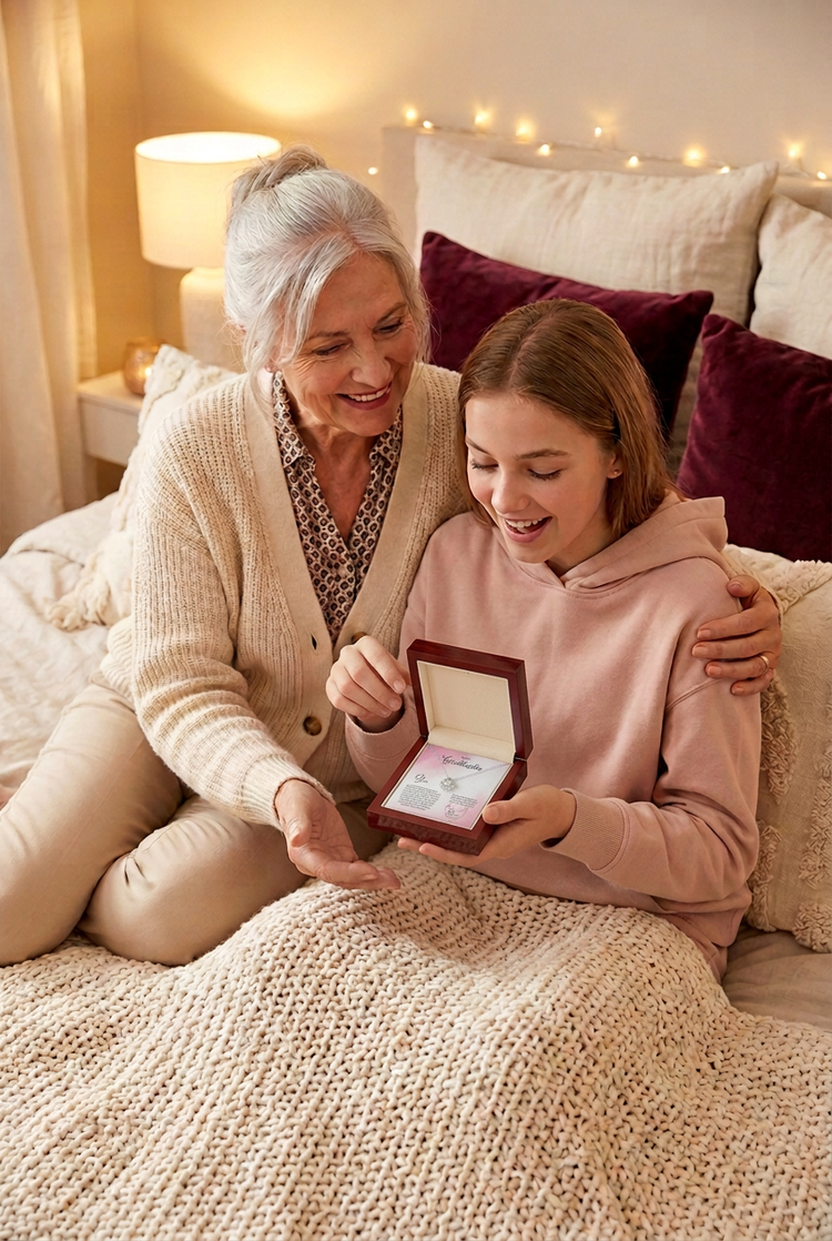 A grandmother watching her teenage granddaughter open a love knot necklace with a To My Granddaughter card