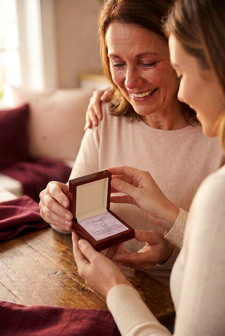 A mother tearing up as she opens a love knot necklace from her daughter
