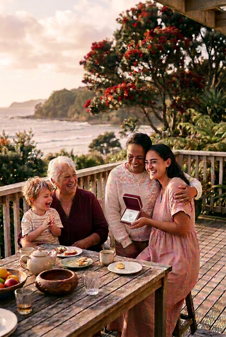 A New Zealand family laughing together on a sunny deck as the daughter opens her burgundy Lovekeeps gift box, a silver heart necklace laid on its To My Daughter message card